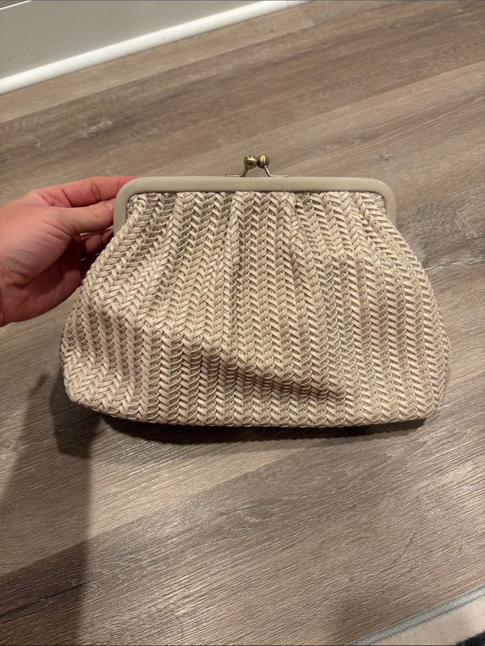Neutral Woven Frame Clutch with Kiss-Lock Closure